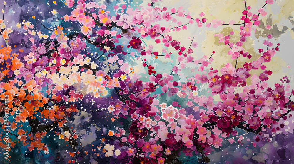 Aufkleber cherry blossoms; mesmerizing display of sakura in full bloom; colorful and whimsical tapestry of spr