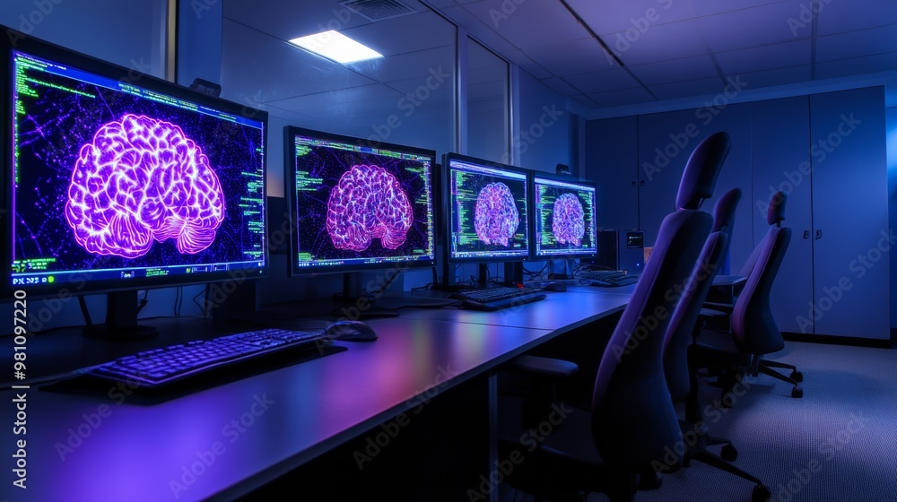 Poster modern neurofeedback station with multiple monitors displaying real-time brain activity patterns