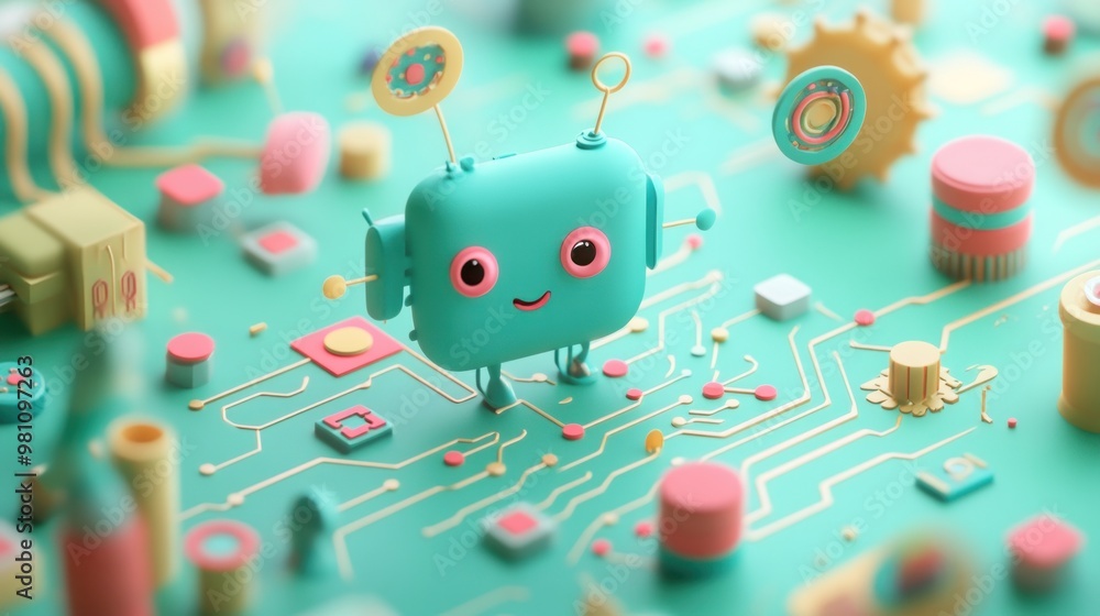Poster a cheerful robot stands on a colorful circuit board, blending technology and playfulness.