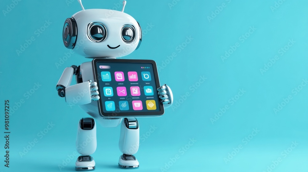 Poster a friendly robot holds a tablet displaying various app icons against a blue background.