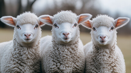 Three cute white sheep looking at the camera