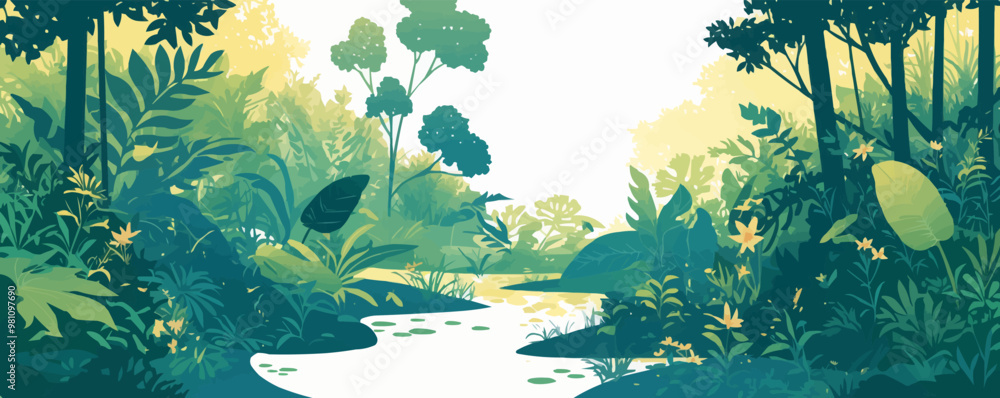 Poster design a tranquil woodland scene with a small stream and lush greenery. vector flat minimalistic iso