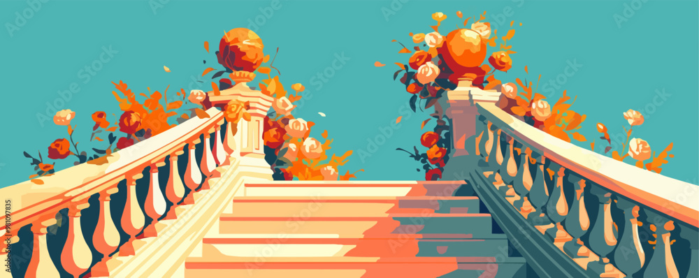 Poster design an elegant staircase with ornate railings and cascading flowers. vector flat minimalistic iso