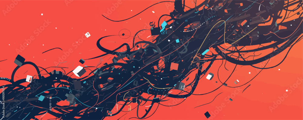 Poster design an abstract illustration of tangled wires and cords, symbolizing communication errors and tec