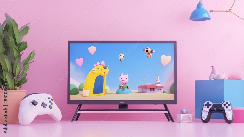 Poster a colorful tv displaying animated characters in a playful setting, surrounded by gaming consoles.