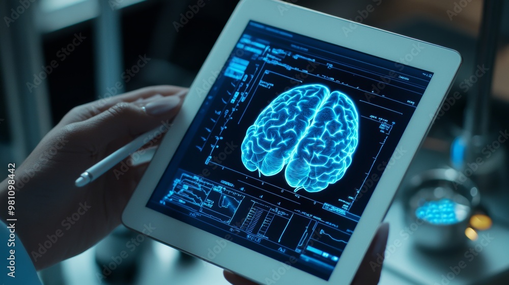 Poster high-tech qeeg brain mapping results visualization on tablet screen