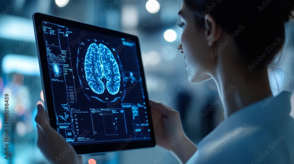 Poster analyzing qeeg brain mapping results on digital tablet screen