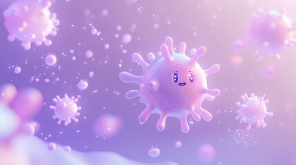 A cute, animated depiction of a virus with a friendly expression in a colorful environment.