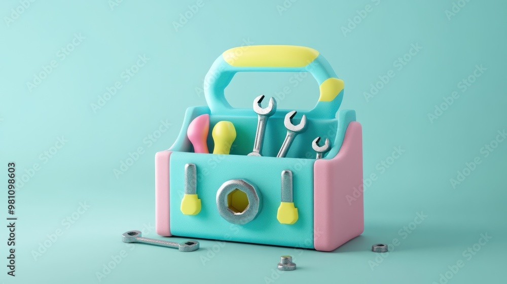 Poster a colorful toy toolbox filled with various tools for imaginative play and learning.