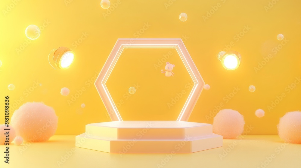 Poster a whimsical 3d scene featuring a floating bear in a hexagonal frame against a yellow background.