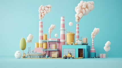 Naklejka premium A colorful, stylized factory scene with smokestacks and production elements.