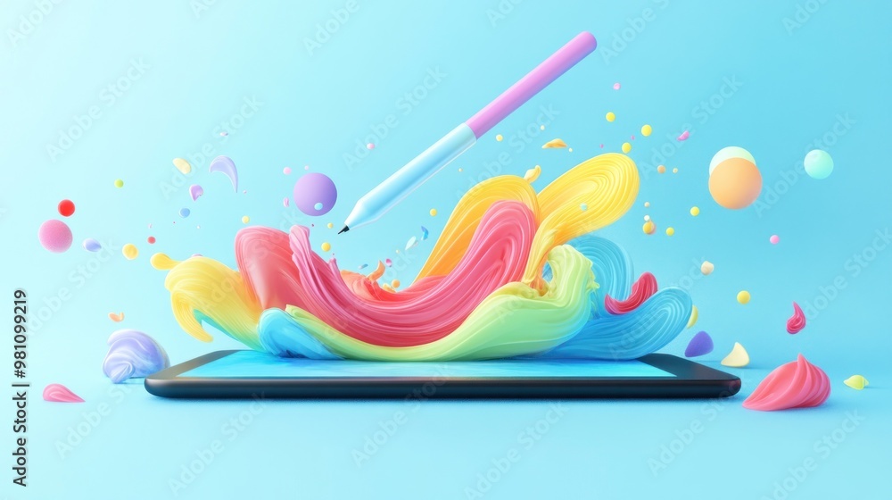 Poster a colorful digital art scene with a stylus creating vibrant swirls on a smartphone screen.
