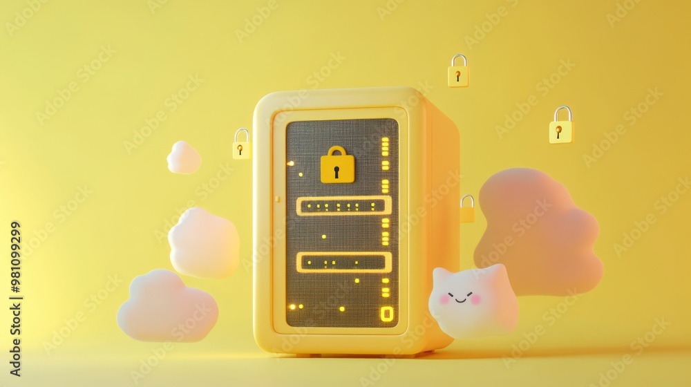 Poster a cute, yellow data server with locks and fluffy clouds, symbolizing digital security.