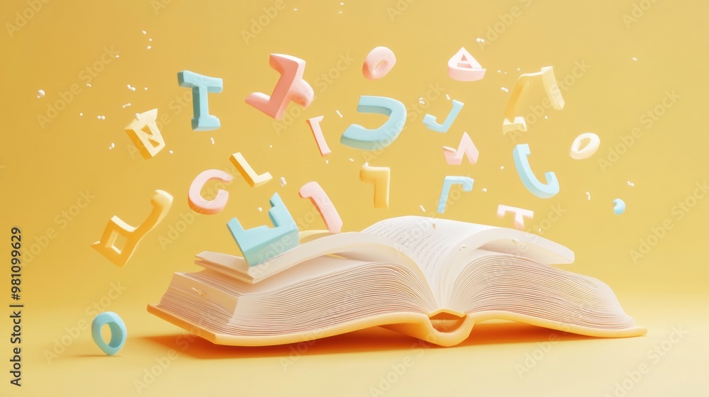 Poster an open book with colorful letters floating above it, symbolizing learning and creativity.
