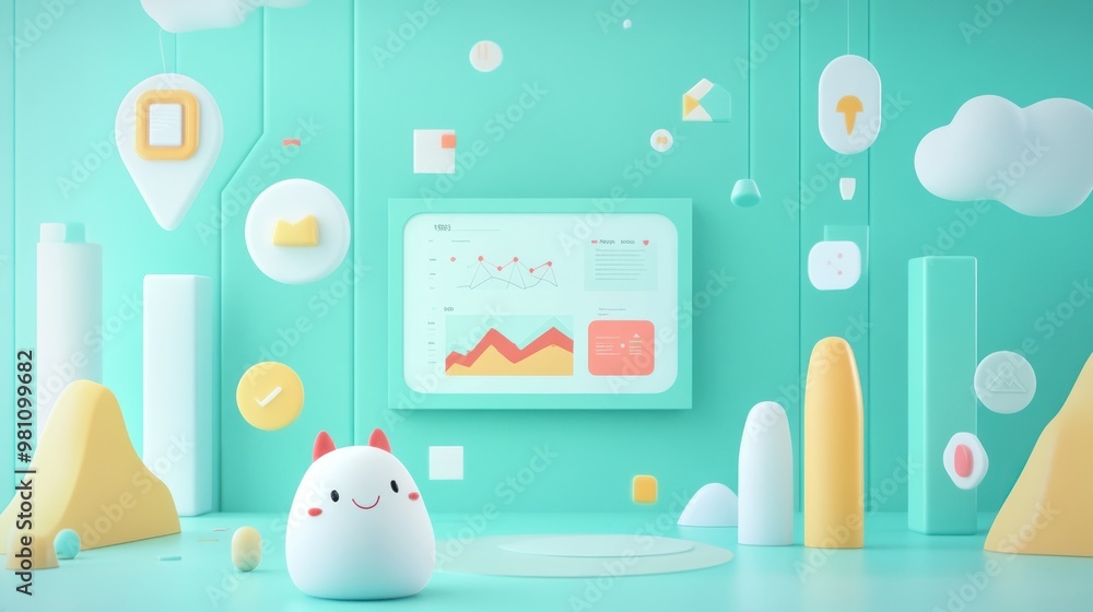 Poster a playful digital workspace featuring a cute character and colorful data visualizations.