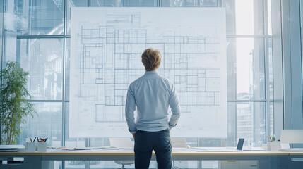 Architect reviewing building blueprints in a modern office.