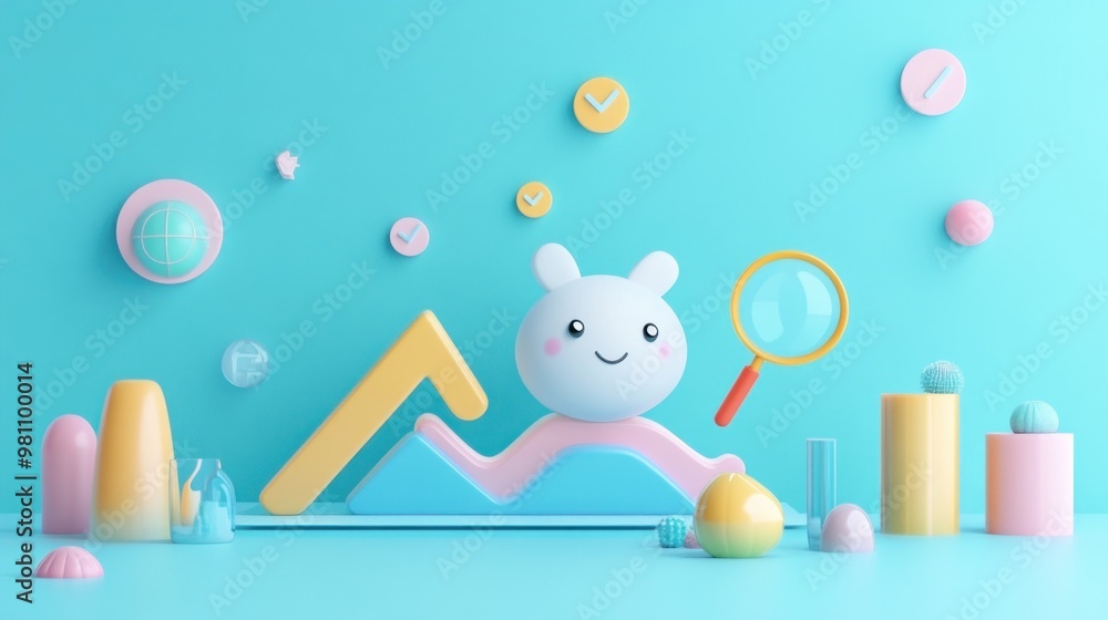 Poster a playful 3d scene with a cute character and colorful geometric shapes.
