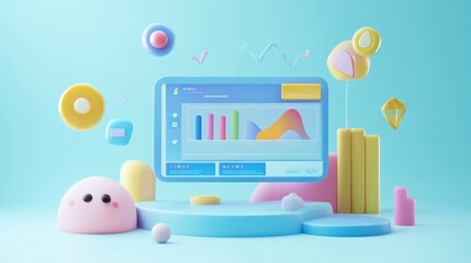 A colorful digital workspace featuring graphs and playful shapes.