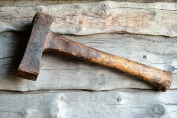 Weathered Wooden Hammer on Weathered Wooden Plank