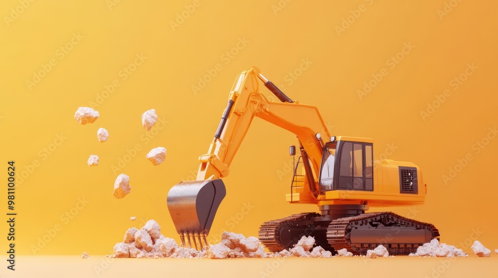 Canvas Prints A yellow excavator digging through a pile of rocks against a bright orange background.