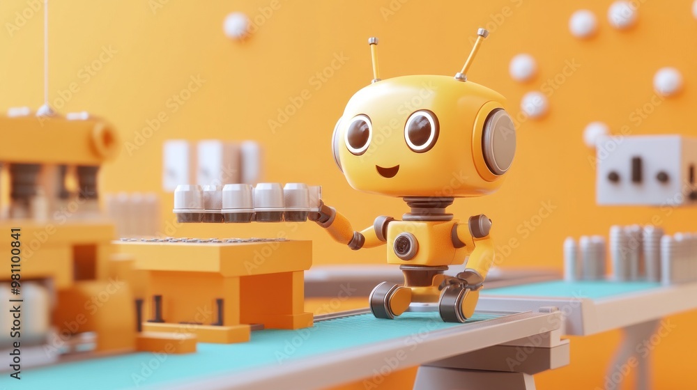 Aufkleber a cheerful yellow robot working on a factory assembly line, handling small items.