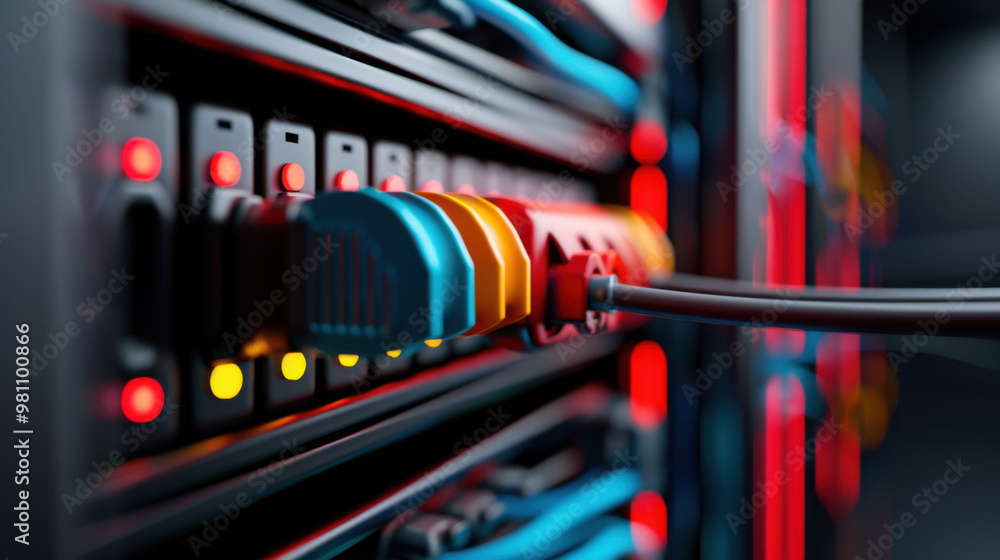 Poster close-up of network cables plugged into a server with glowing led indicators, highlighting the techn