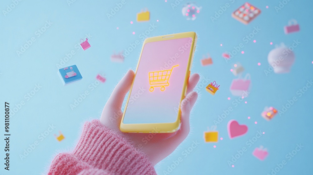 Poster a hand holding a smartphone with a shopping cart icon and floating shopping-related graphics.