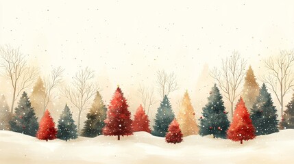 Watercolor christmas trees in snowy landscape falling snow