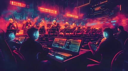 Obraz premium Intense Esports Tournament with Futuristic Gaming Arena and Spectators
