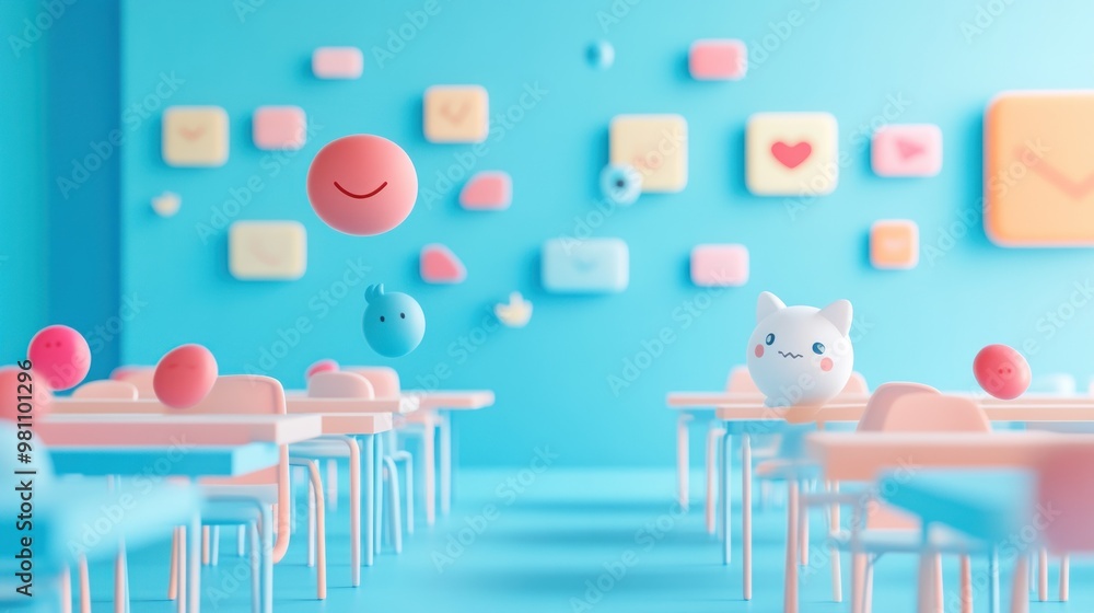 Poster a colorful classroom scene with playful characters and cheerful decorations.