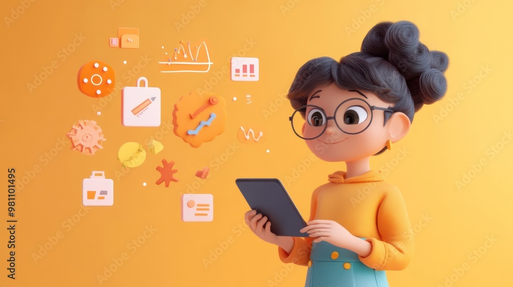 Poster A 3D character interacts with a tablet, surrounded by various icons representing technology.