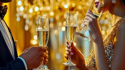 In an elegant setting with a chandelier, a man in a tuxedo and a woman in a sequined dress clink champagne glasses. The warm lighting suggests an evening event with a celebratory mood.