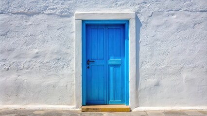 Blue wooden retro door standing out against a whitewashed wall in the picturesque Cyclades, Greece
