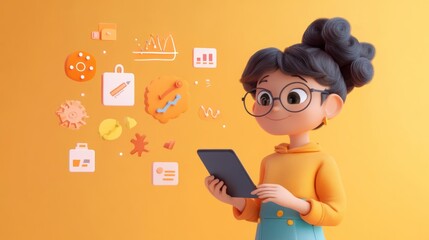 A 3D character interacts with a tablet, surrounded by various icons representing technology.
