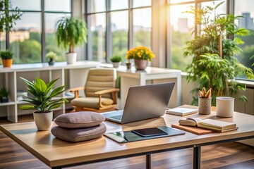 A serene and clutter-free office desk with a meditation cushion, surrounded by laptops and papers, conveying the idea of achieving work-life balance.