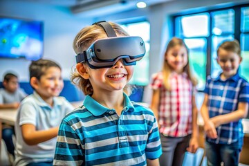 Young children are shown wearing virtual reality headsets in a classroom They are experiencing immersive learning and exploring new educational concepts with modern technology and a fun environment