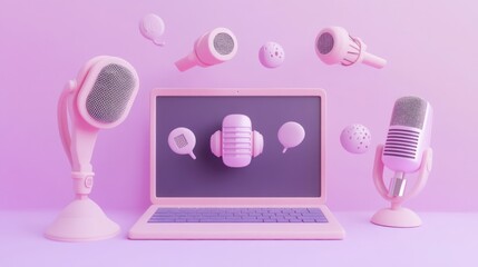 A playful arrangement of microphones and a laptop on a pink background, suggesting audio content...