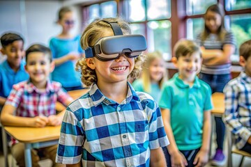 young school children excited and engaged in a classroom with a vr headset exploring technology and immersive learning through virtual reality enhancing education outcomes