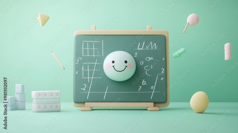 Poster a cheerful chalkboard with a smiling face and playful elements, symbolizing learning and creativity.