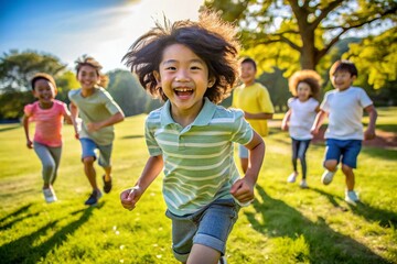 Fototapeta premium Happy children running in the park on a sunny day with bright smiles and mixed ethnic backgrounds The image captures the essence of childhood fun and joy together in nature Green grass and trees
