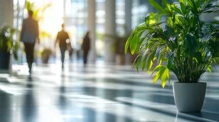 Green Plants in Pots in a Business Center Lobby with Blurred People - AI generated illustration