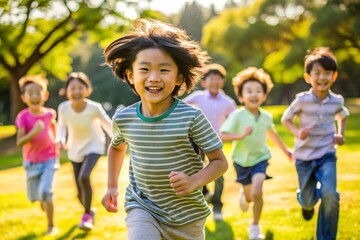 Happy children running and playing outdoors in a park on a sunny day vibrant joyful scene asian kids engaged in active play having fun in a green summer field enjoying sunshine and outdoor activities