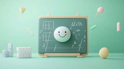 A cheerful chalkboard with a smiling face and playful elements, symbolizing learning and creativity.