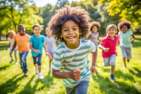 Children from different ethnic backgrounds like african and european running and playing together in a sunny outdoor park The image captures their joyful expressions and the vibrant greenery.