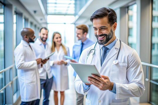 diverse group of healthcare professionals including male and female doctors standing in modern hospital hallway some with digital tablets in hand smiling and engaging in conversation - Powered by Adobe