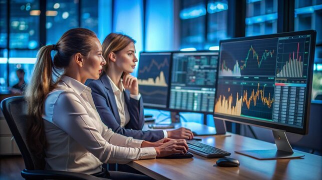 Women reviewing stock market data on multiple screens in a contemporary work space enhanced by blue lighting Modern office ambiance with business professionals analyzing financial information