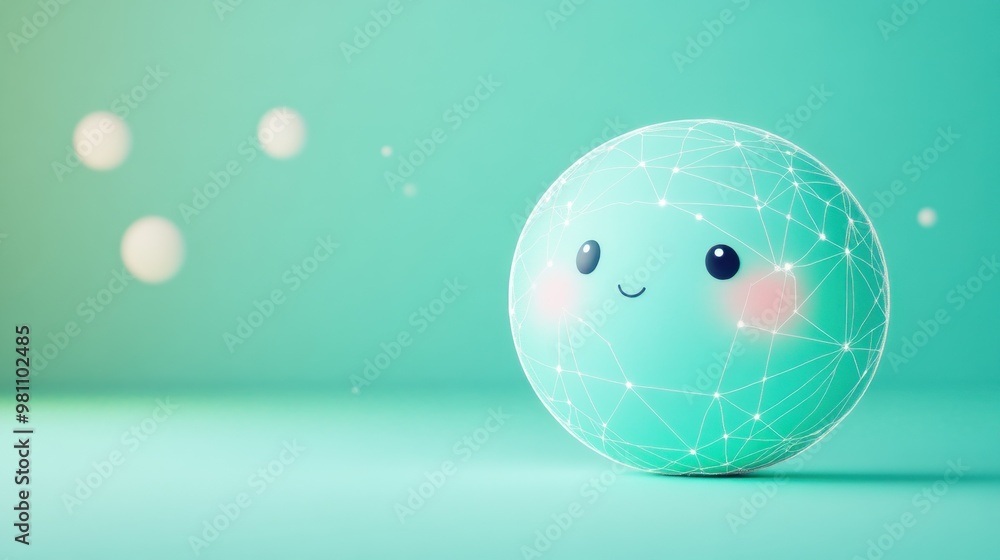 Aufkleber a cute, glowing spherical character with a happy expression and a network of lines.