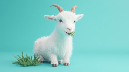 Fototapeta premium A cute white goat sitting and chewing grass against a turquoise background.