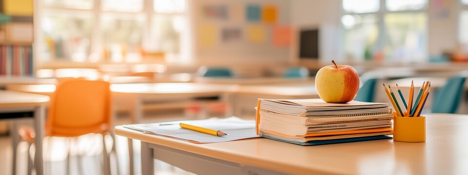 Classroom with empty desks and school supplies in the foreground. Apple, books and a glass with pencils. Back to school. Learning. Poster, wallpaper with space for copying