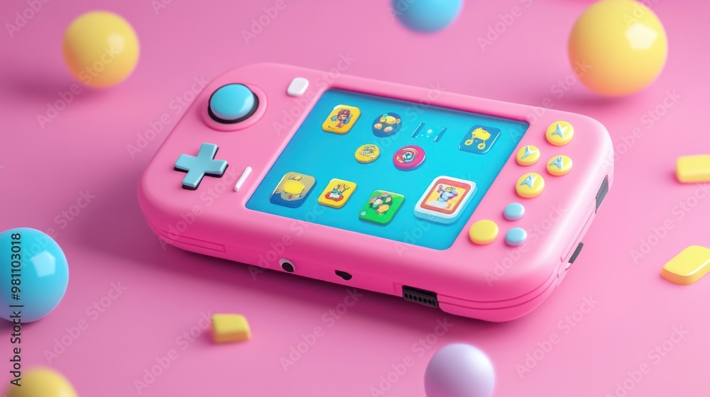 Poster a pink handheld gaming device with a colorful screen and playful buttons.